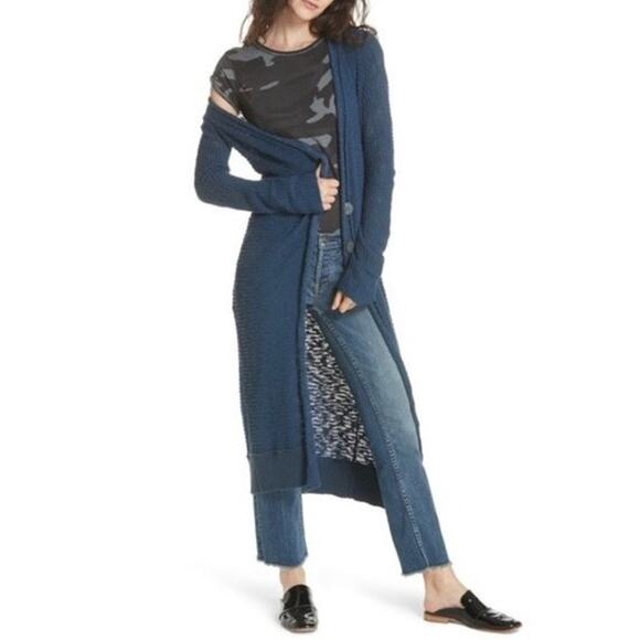 FREE PEOPLE Cardigan M Navy Stripe Rib Loose-Knit Cotton Snaps Pocket Long-Sleev - Picture 1 of 14